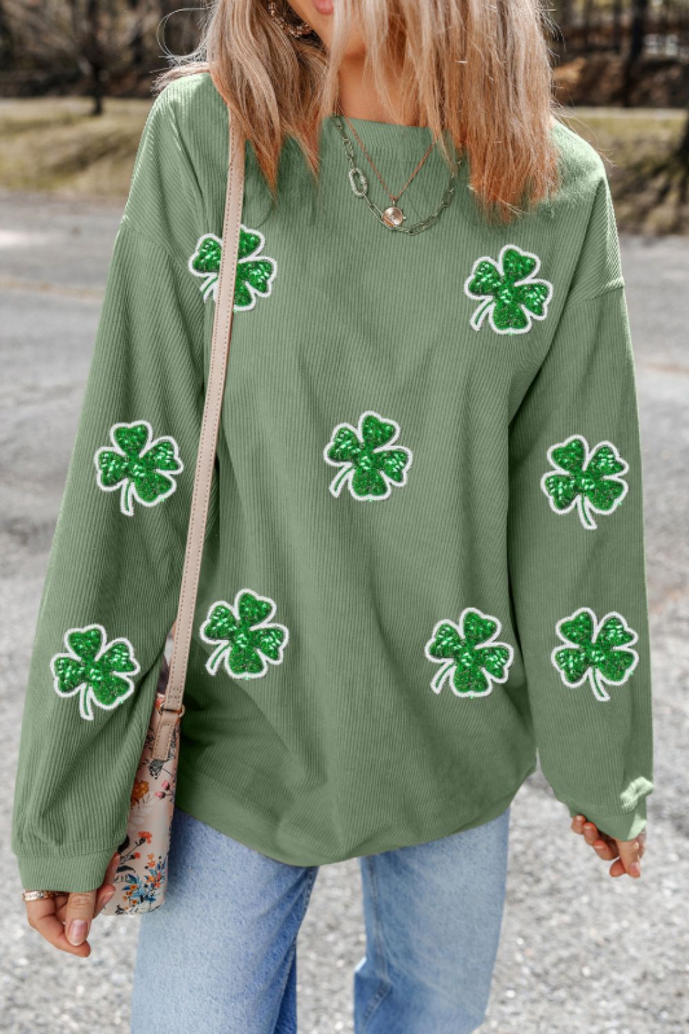 Sequin Lucky Clover Round Neck Long Sleeve Sweatshirt-TOPS / DRESSES-[Adult]-[Female]-2022 Online Blue Zone Planet