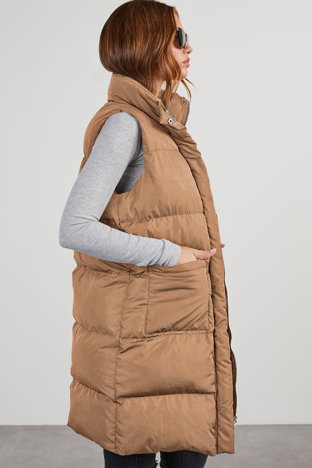 Black Solid Color Puffer Zip Up Pocketed Vest Coat-Coats-[Adult]-[Female]-2022 Online Blue Zone Planet