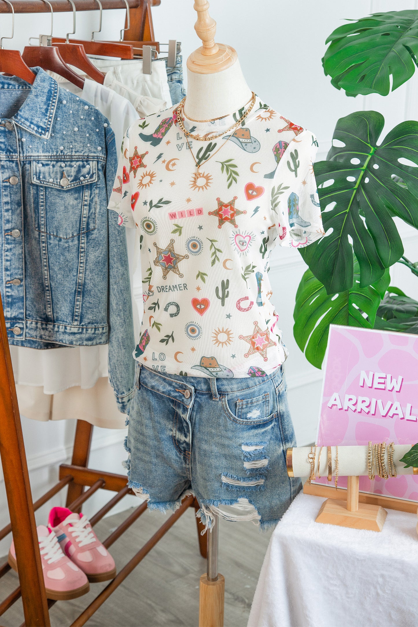 White Love Wild Dreamer Western Print Sheer Mesh Top-Tops/Tops & Tees-[Adult]-[Female]-2022 Online Blue Zone Planet