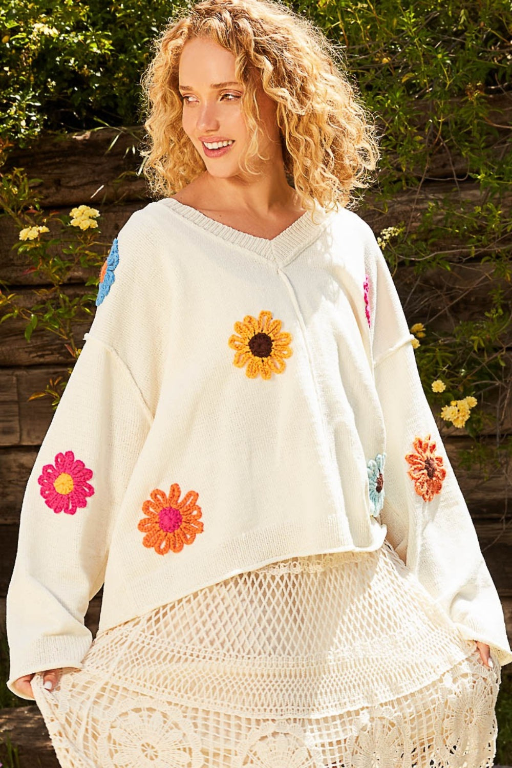 POL V-Neck Flower Patches Long Sleeve Sweater-TOPS / DRESSES-[Adult]-[Female]-Cream Multi-S-2022 Online Blue Zone Planet