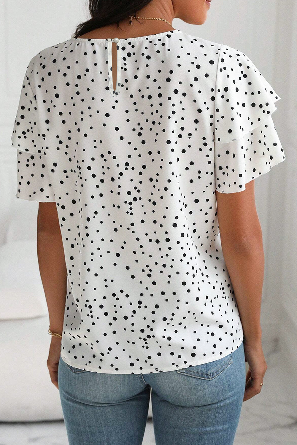 White Dalmatian Print Layered Ruffled Short Sleeve Blouse-Tops/Blouses & Shirts-[Adult]-[Female]-2022 Online Blue Zone Planet