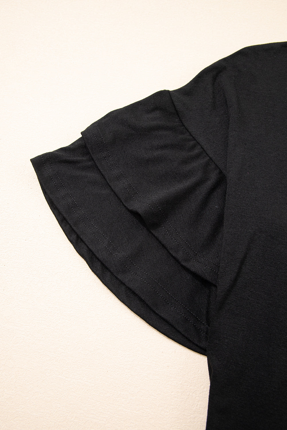 Black Solid Colour V-Neck Double Layer Sleeve Loose T-Shirt-Tops/Tops & Tees-[Adult]-[Female]-2022 Online Blue Zone Planet