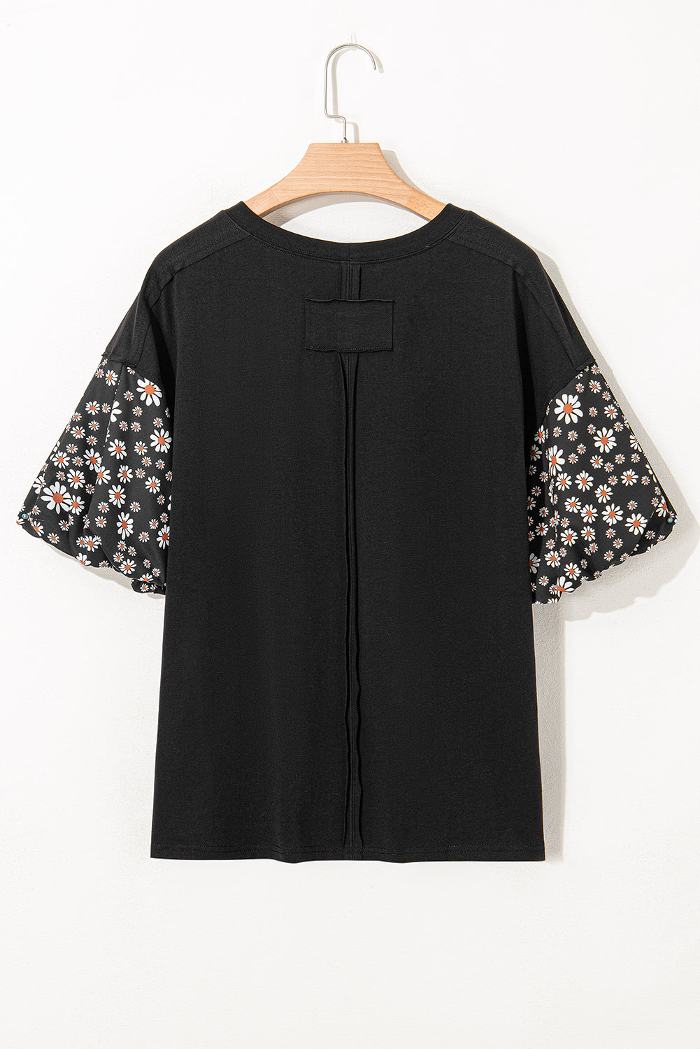 Black Contrast Floral Puff Sleeve Oversized Top-Tops/Tops & Tees-[Adult]-[Female]-2022 Online Blue Zone Planet