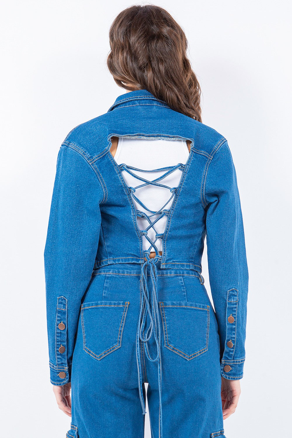 American Bazi Laced Back Cropped Denim Jacket-TOPS / DRESSES-[Adult]-[Female]-2022 Online Blue Zone Planet