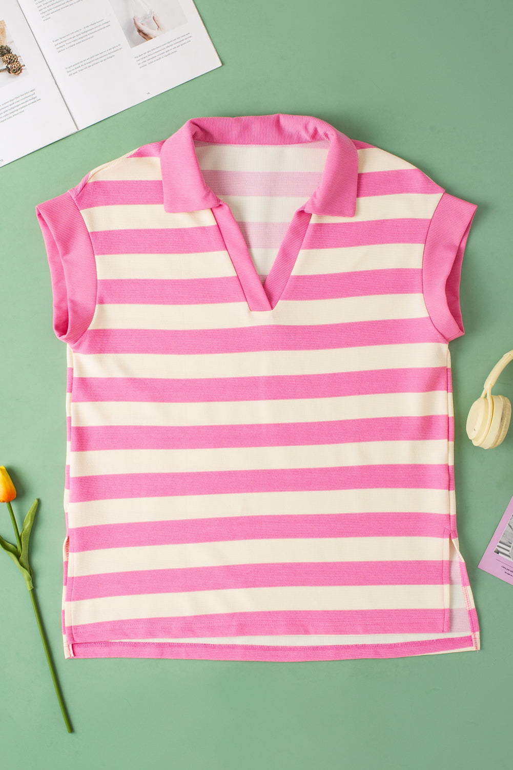 Pink Stripe V Neck Collared Cap Sleeve Top-Tops/Tops & Tees-[Adult]-[Female]-2022 Online Blue Zone Planet