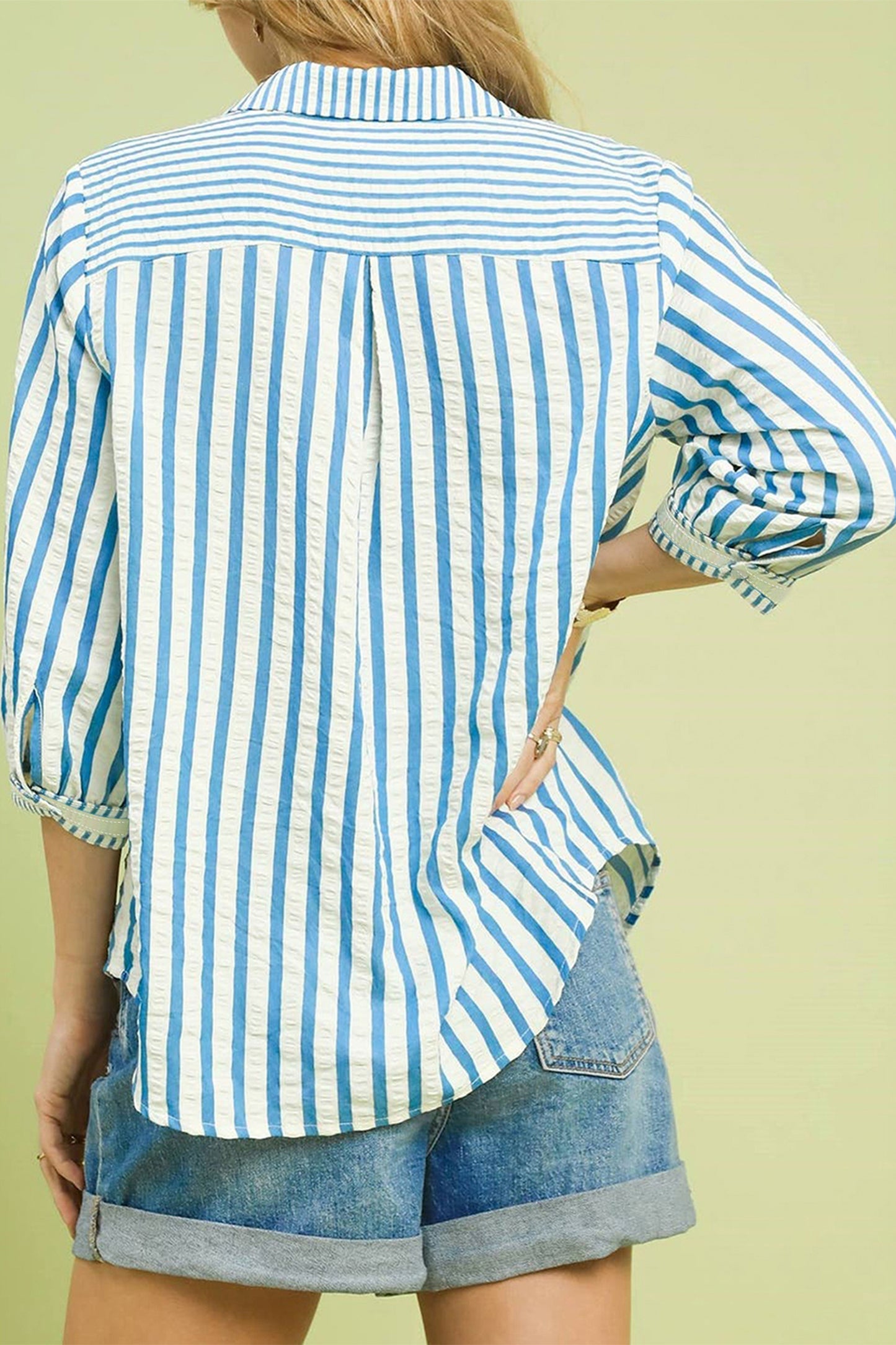 Sky Blue Stripe 3/4 Sleeve Collared Neck Blouse-Tops/Blouses & Shirts-[Adult]-[Female]-2022 Online Blue Zone Planet