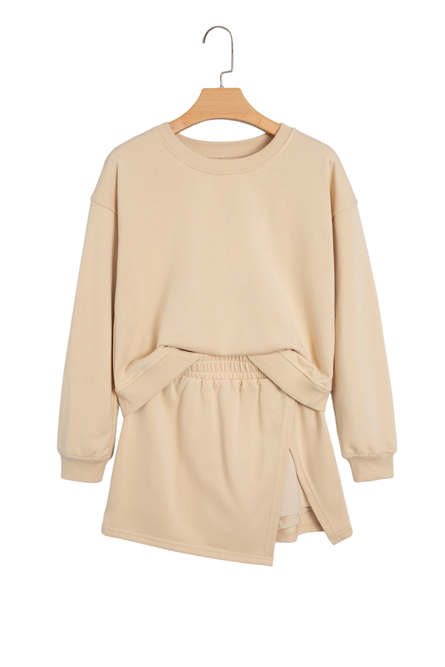 Parchment Solid Color Long Sleeve Top Split Skort 2pcs Outfit-Two Piece Sets/Two Piece Dresses-[Adult]-[Female]-2022 Online Blue Zone Planet
