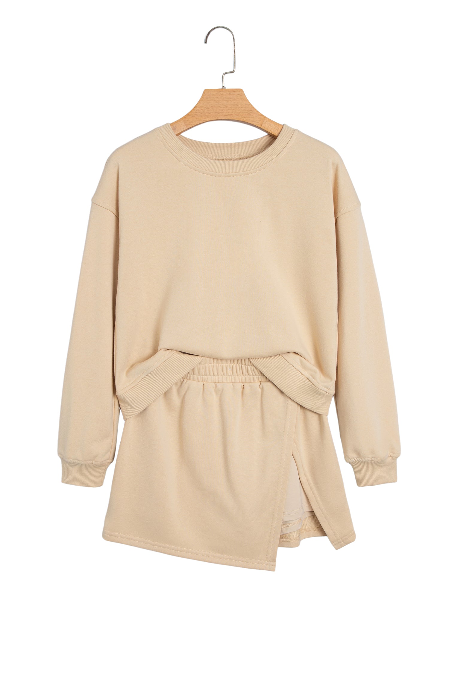 Parchment Solid Color Long Sleeve Top Split Skort 2pcs Outfit-Two Piece Sets/Two Piece Dresses-[Adult]-[Female]-2022 Online Blue Zone Planet