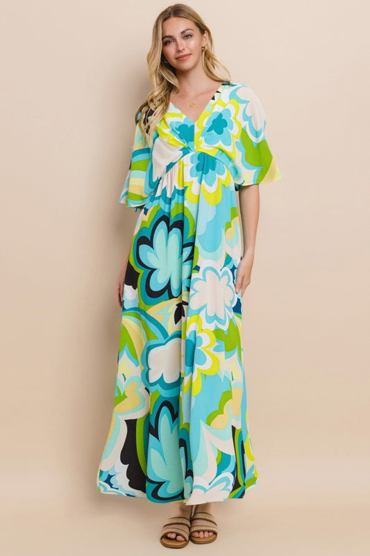 ODDI Floral Printed Slit Maxi Dress-[Adult]-[Female]-Blue Yellow-S-2022 Online Blue Zone Planet