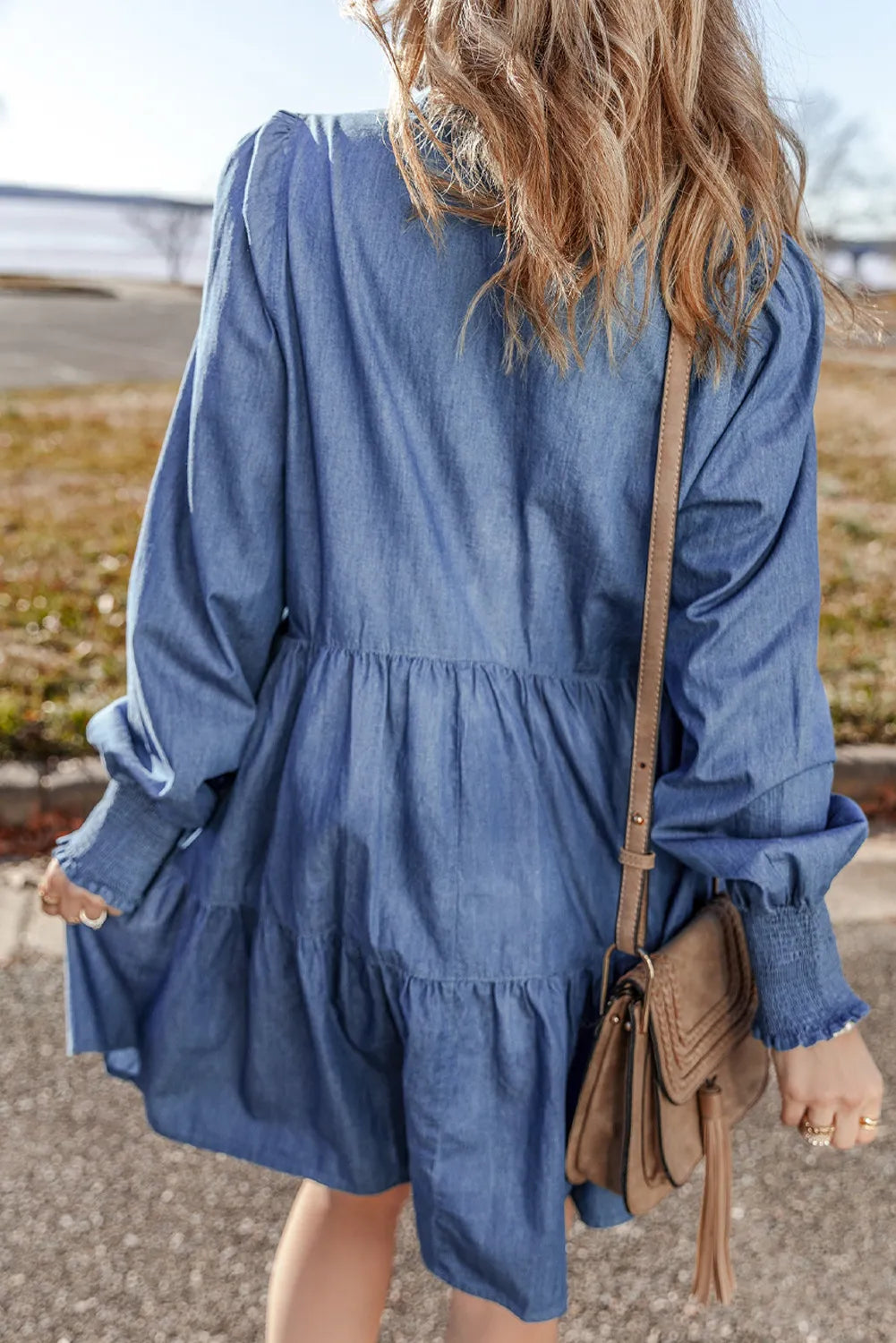 Tiered Johnny Collar Long Sleeve Denim Dress-TOPS / DRESSES-[Adult]-[Female]-2022 Online Blue Zone Planet