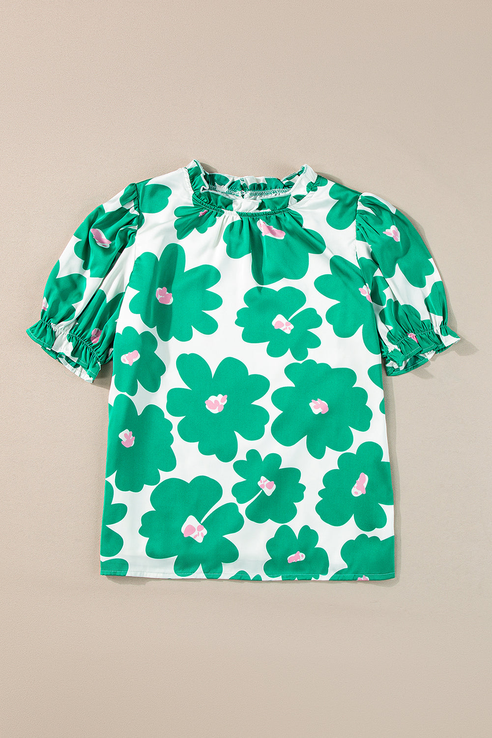 Green Floral Puff Sleeve Frill Neckline Blouse-Tops/Blouses & Shirts-[Adult]-[Female]-2022 Online Blue Zone Planet