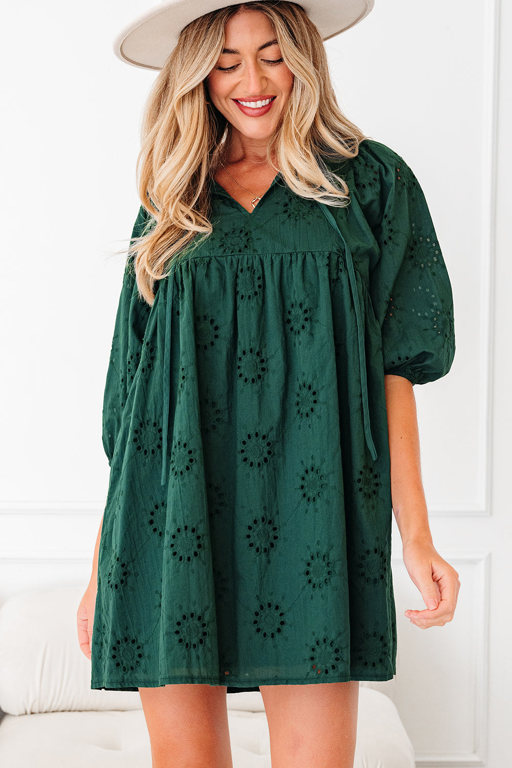 Blackish Green Embroidered Eyelet Pattern 3/4 Puffy Sleeve Swing Mini Blackish Green Embroidered Eyelet Pattern 3/4 Puffy Sleeve Swing Mini