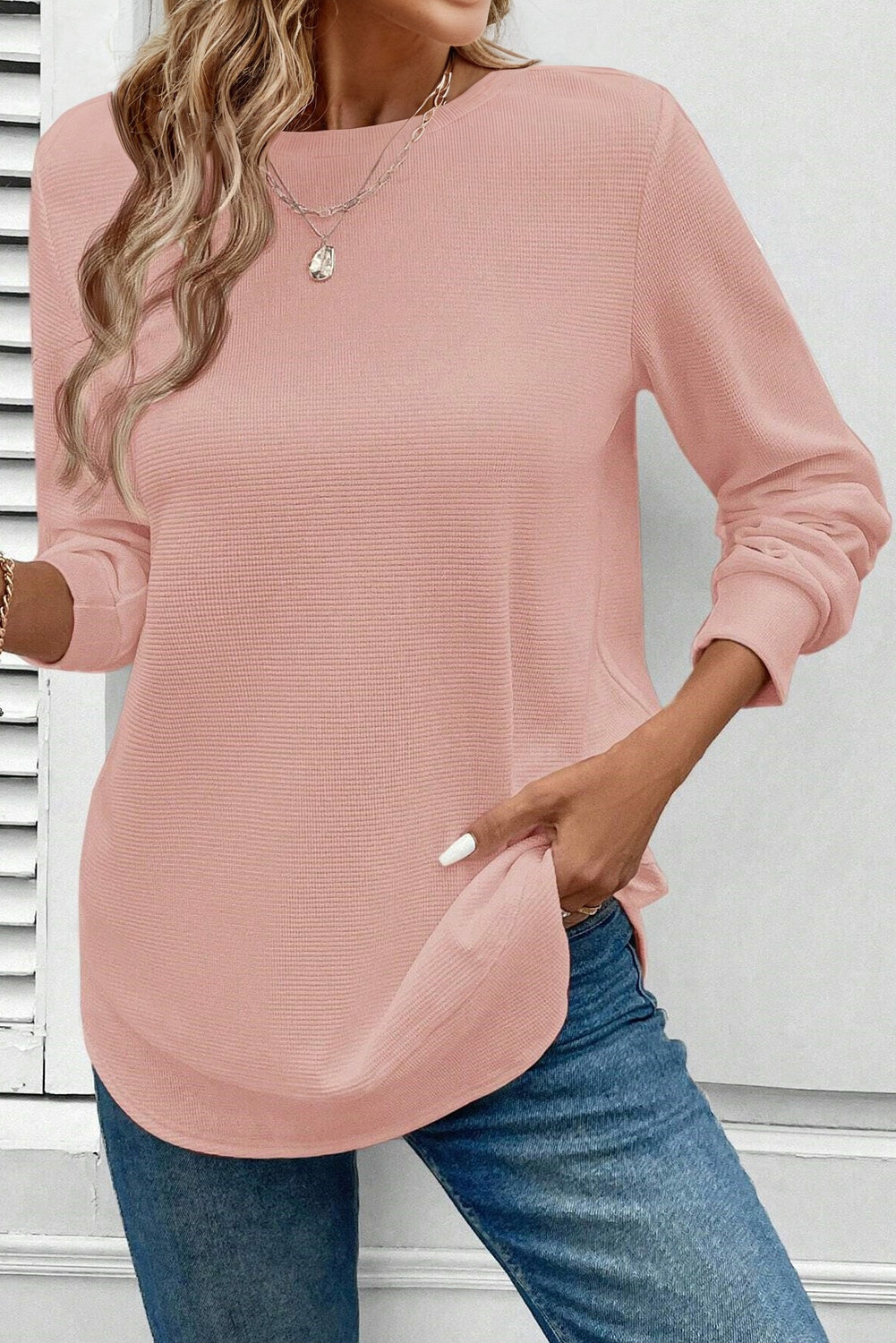 Gossamer Pink Rounded Hem Waffle Long Sleeve Top-Tops/Long Sleeve Tops-[Adult]-[Female]-2022 Online Blue Zone Planet