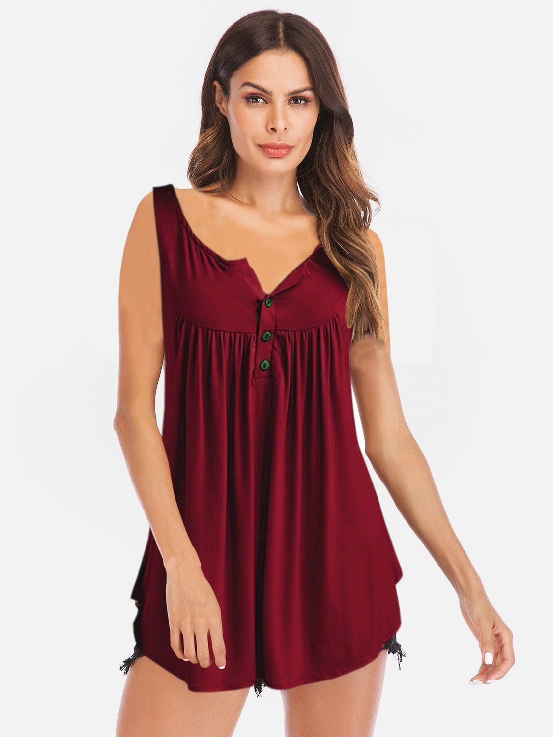 Blue Zone Planet | Curved Hem Ruched Notched Tank-TOPS / DRESSES-[Adult]-[Female]-Burgundy-S-2022 Online Blue Zone Planet