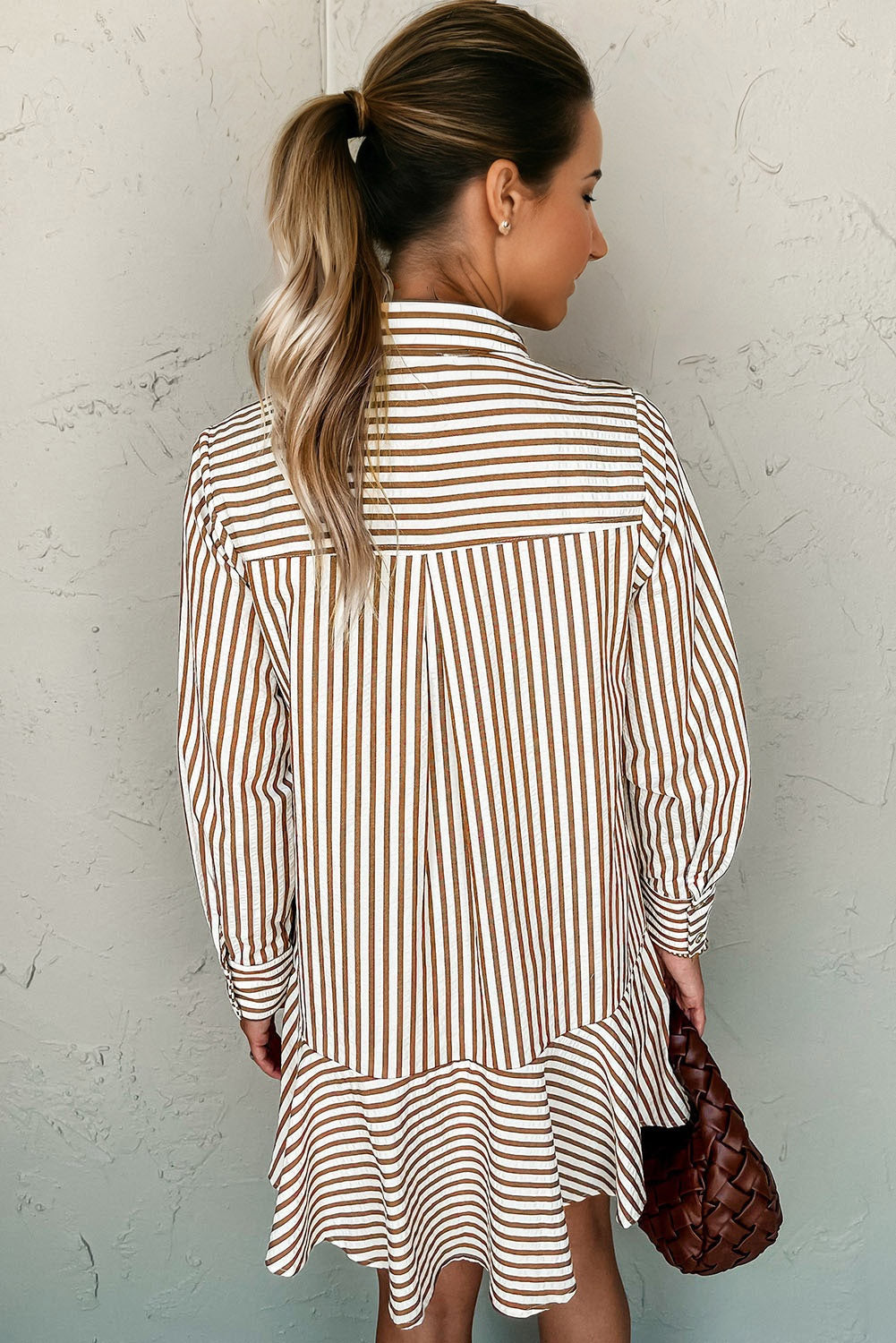 Brown Stripe Ruffled Hem Collared Long Sleeve Shirt Mini Dress-TOPS / DRESSES-[Adult]-[Female]-2022 Online Blue Zone Planet