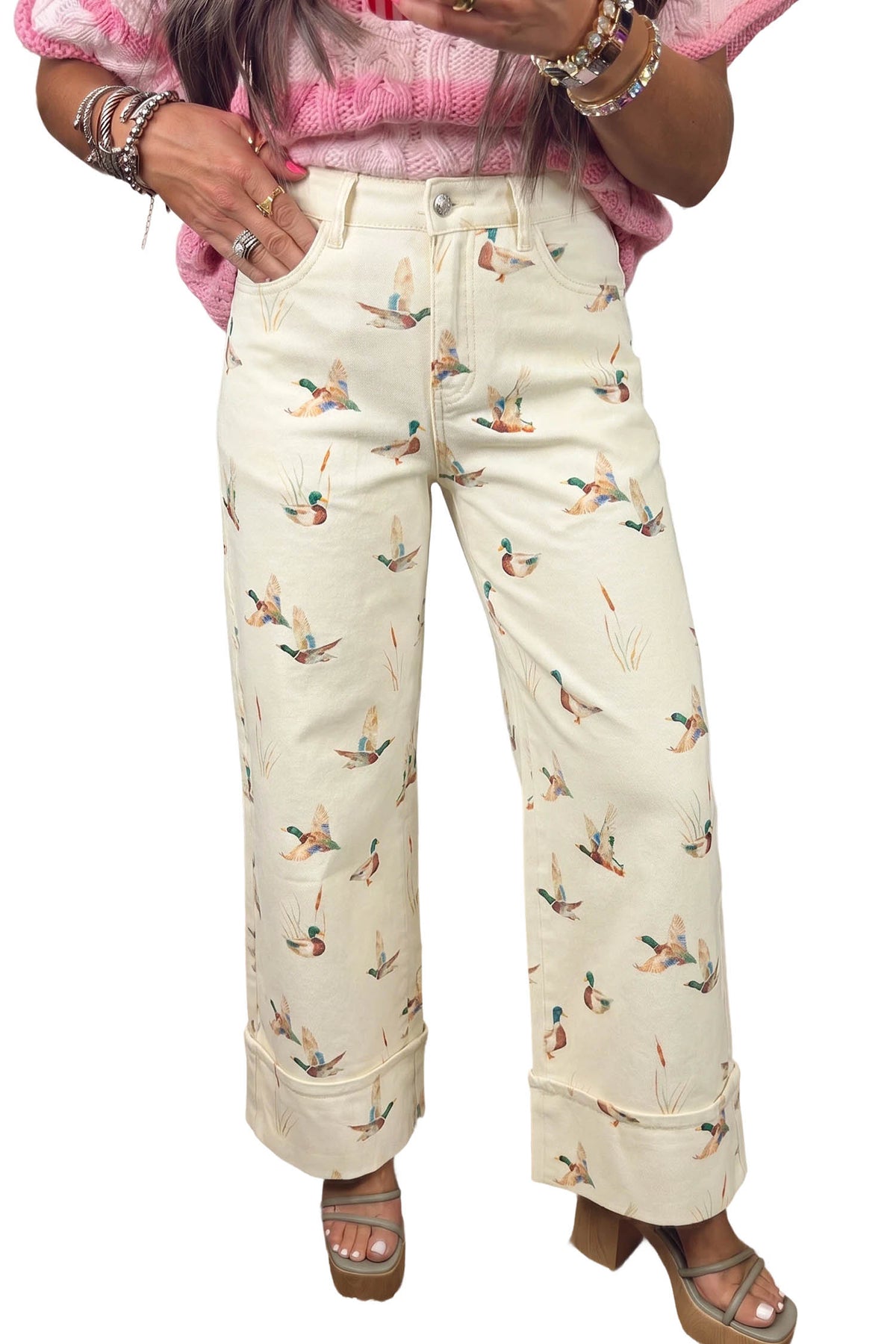 Beige Stylish Mallard Printed Cuffed Hem Shift Jeans-Bottoms/Jeans-[Adult]-[Female]-2022 Online Blue Zone Planet