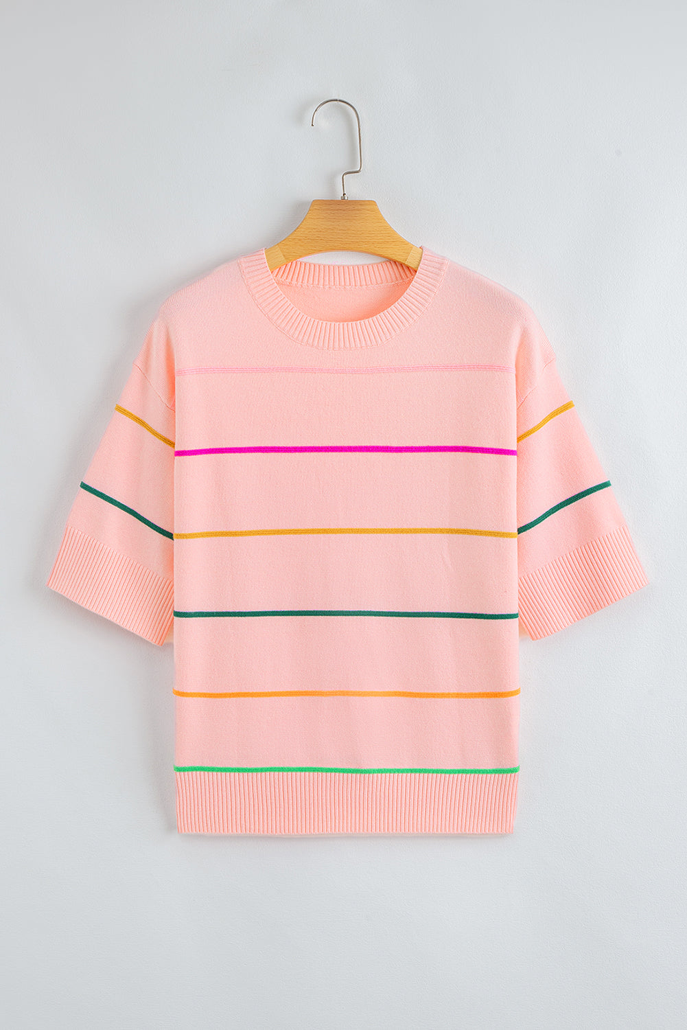 Pink Colorblock Striped Half Sleeve Drop Shoulder Sweater-TOPS / DRESSES-[Adult]-[Female]-2022 Online Blue Zone Planet