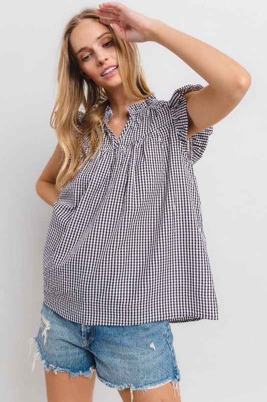 Ces Femme Plaid Notched Ruffled Cap Sleeve Blouse-TOPS / DRESSES-[Adult]-[Female]-2022 Online Blue Zone Planet