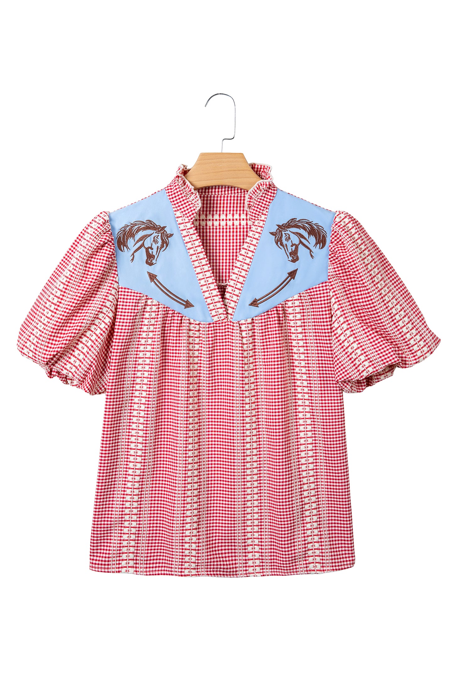 Brown Western Pony Embroidered Yoke Puff Sleeve Gingham Blouse-Tops/Blouses & Shirts-[Adult]-[Female]-2022 Online Blue Zone Planet