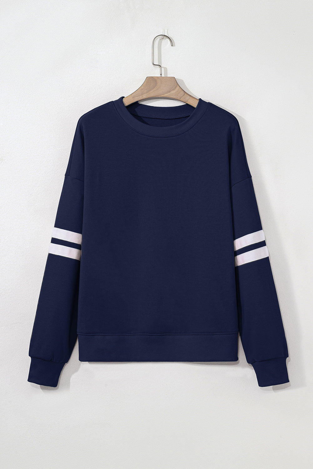 Navy Blue Varsity Striped Detail Drop Shoulder Oversized Sweatshirt-Tops/Sweatshirts & Hoodies-[Adult]-[Female]-2022 Online Blue Zone Planet