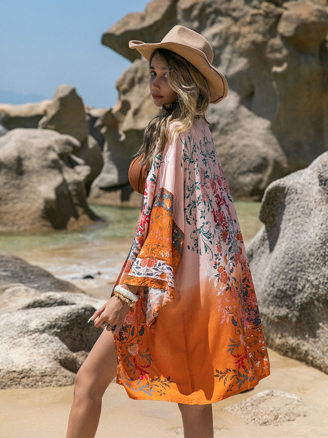 Blue Zone Planet | Printed Open Front Long Sleeve Cover-Up-TOPS / DRESSES-[Adult]-[Female]-Orange-S-2022 Online Blue Zone Planet