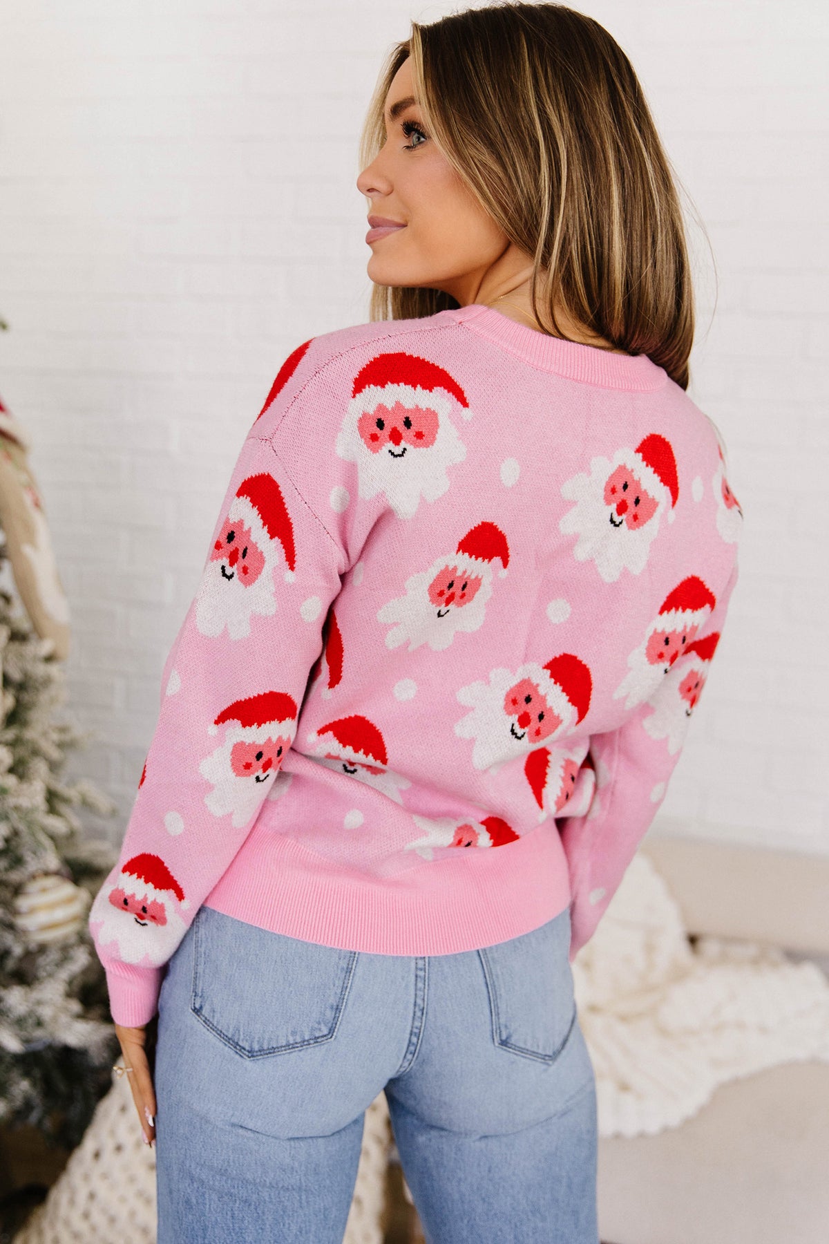 Pink Cartoon Santa Pattern Round Neck Dropped Shoulder Sweater-TOPS / DRESSES-[Adult]-[Female]-2022 Online Blue Zone Planet