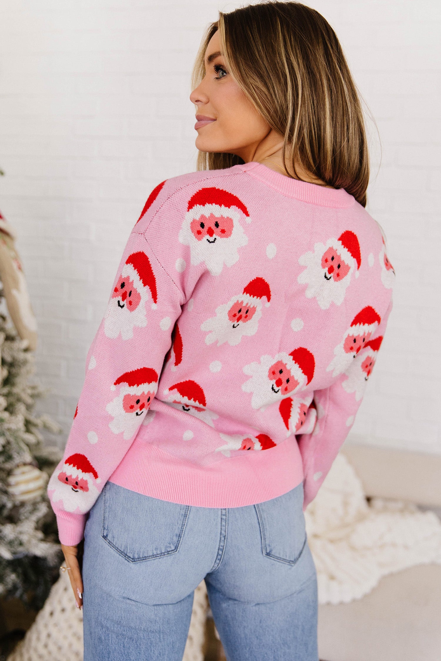 Pink Cartoon Santa Pattern Round Neck Dropped Shoulder Sweater-TOPS / DRESSES-[Adult]-[Female]-2022 Online Blue Zone Planet