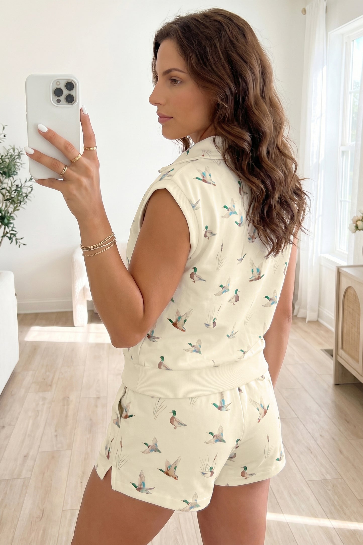 Beige Mallard Printed Zip Polo Tee Drawstring Short Set-Two Piece Sets/Short Sets-[Adult]-[Female]-2022 Online Blue Zone Planet