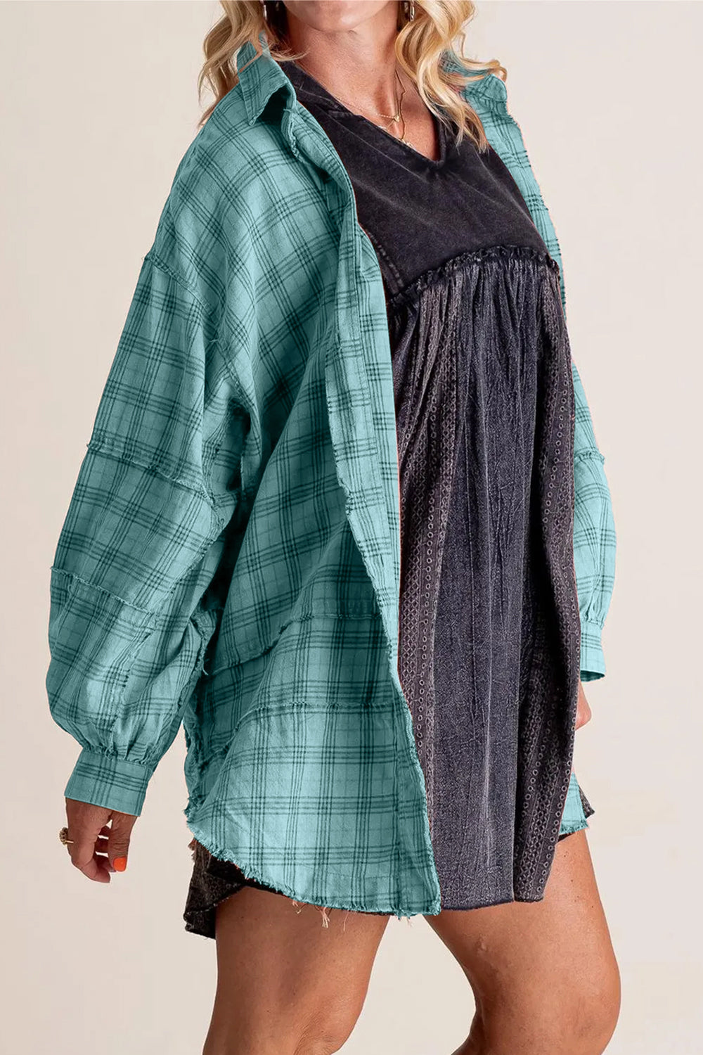 Blue Zone Planet | Exposed Seam Plaid Collared Neck Long Sleeve Shirt-SWEATERS-[Adult]-[Female]-2022 Online Blue Zone Planet