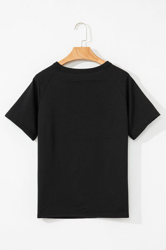 Black Striped Patch Front Casual Tee-Tops/Tops & Tees-[Adult]-[Female]-2022 Online Blue Zone Planet