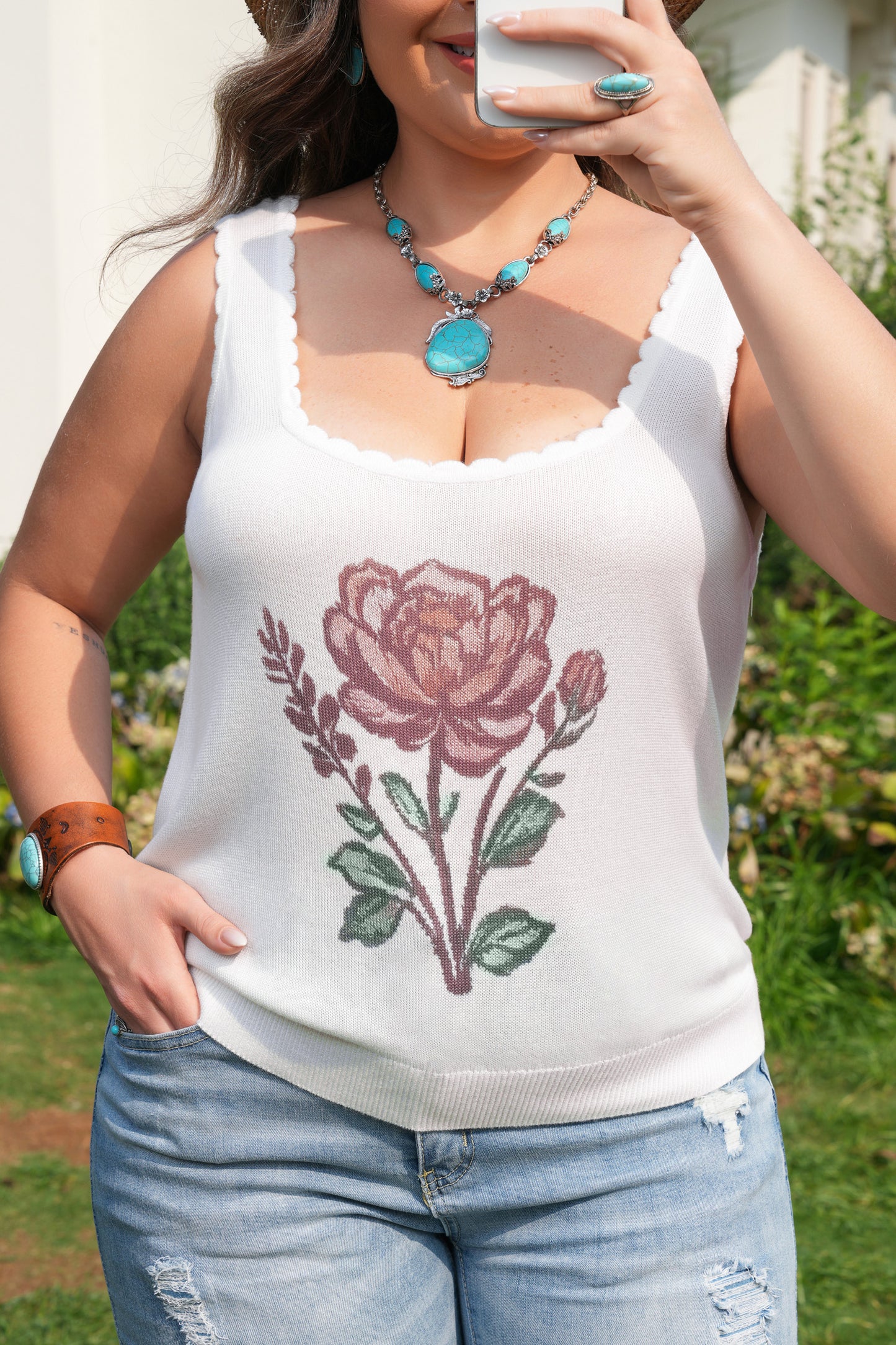 White Plus Size Floral Print Scalloped Trim Square Neck Sweater Vest-TOPS / DRESSES-[Adult]-[Female]-2022 Online Blue Zone Planet