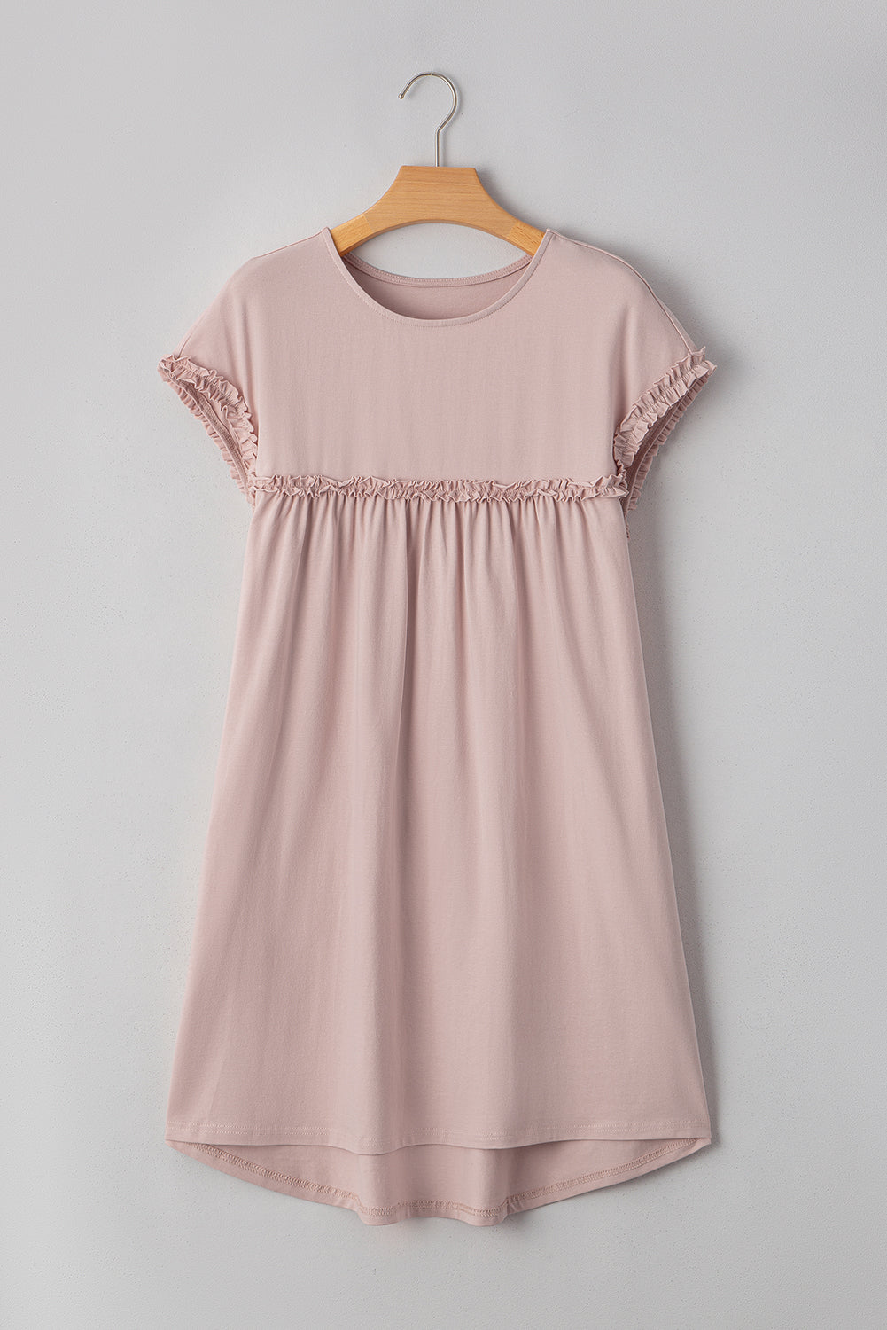 Oatmeal Frilled Trim Crew Neck Loose Fit Mini Dress-TOPS / DRESSES-[Adult]-[Female]-2022 Online Blue Zone Planet