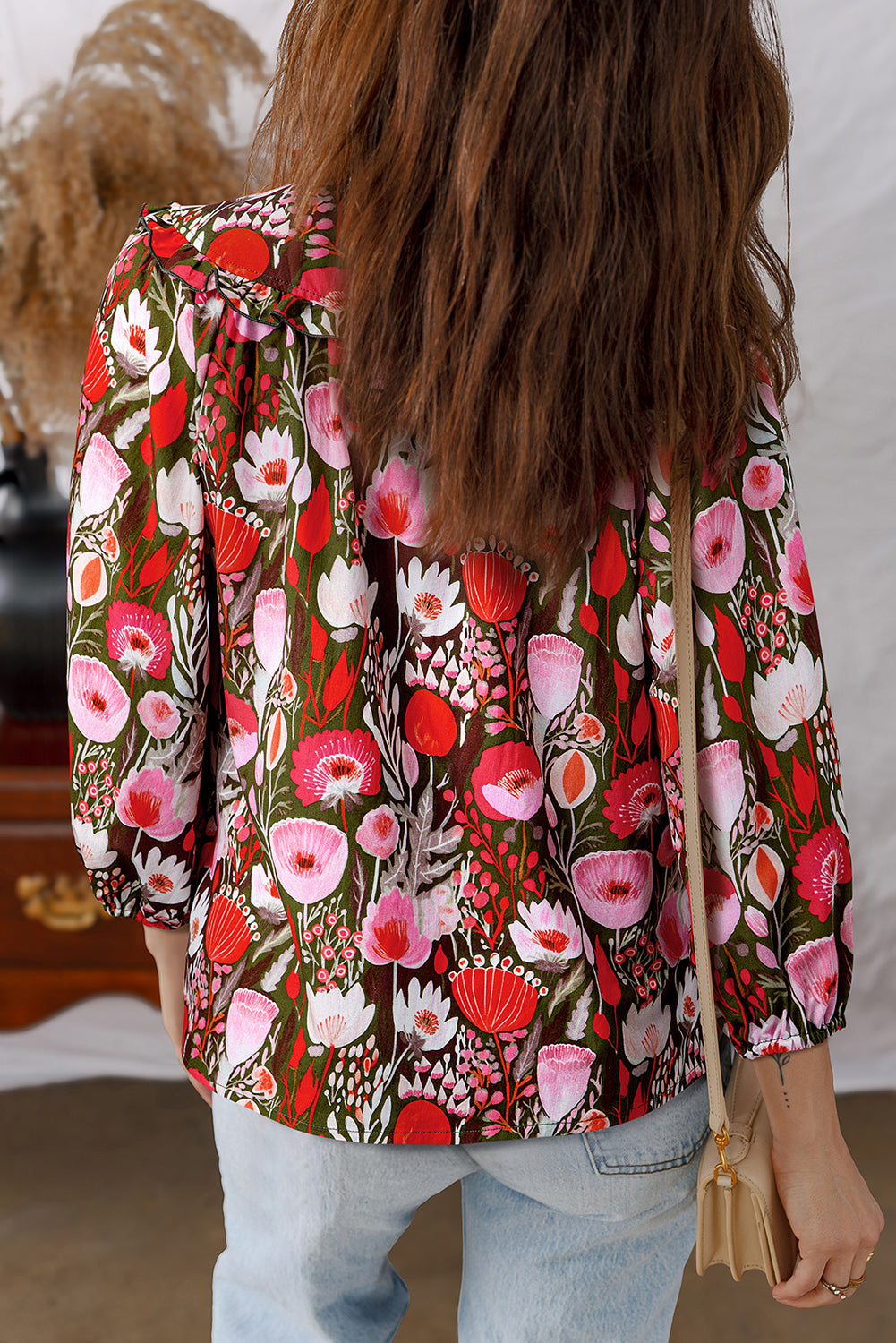 Red Floral Three Quarter Sleeve Lace-up Neck Blouse-Tops/Blouses & Shirts-[Adult]-[Female]-2022 Online Blue Zone Planet
