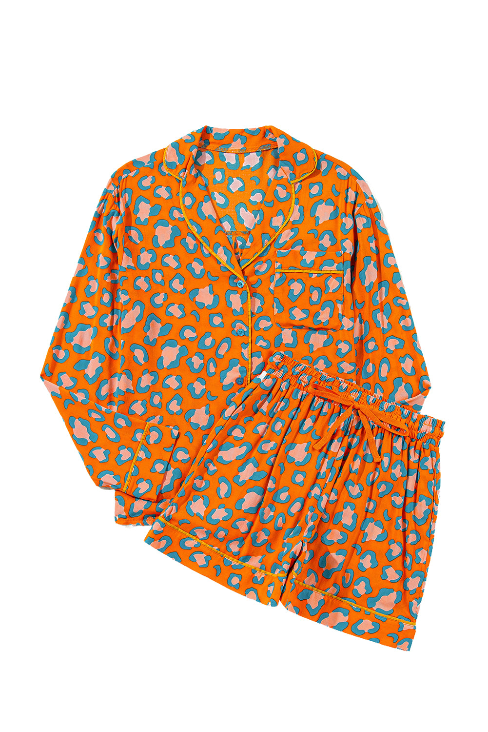 Blue Zone Planet | Orange Leopard Print Long Sleeve Shirt and Shorts Pajama Set-TOPS / DRESSES-[Adult]-[Female]-2022 Online Blue Zone Planet