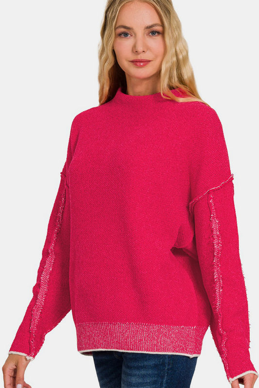 Blue Zone Planet | Zenana Exposed Seam Mock Neck Long Sleeve Sweater-TOPS / DRESSES-[Adult]-[Female]-Viva Magenta-S/M-2022 Online Blue Zone Planet