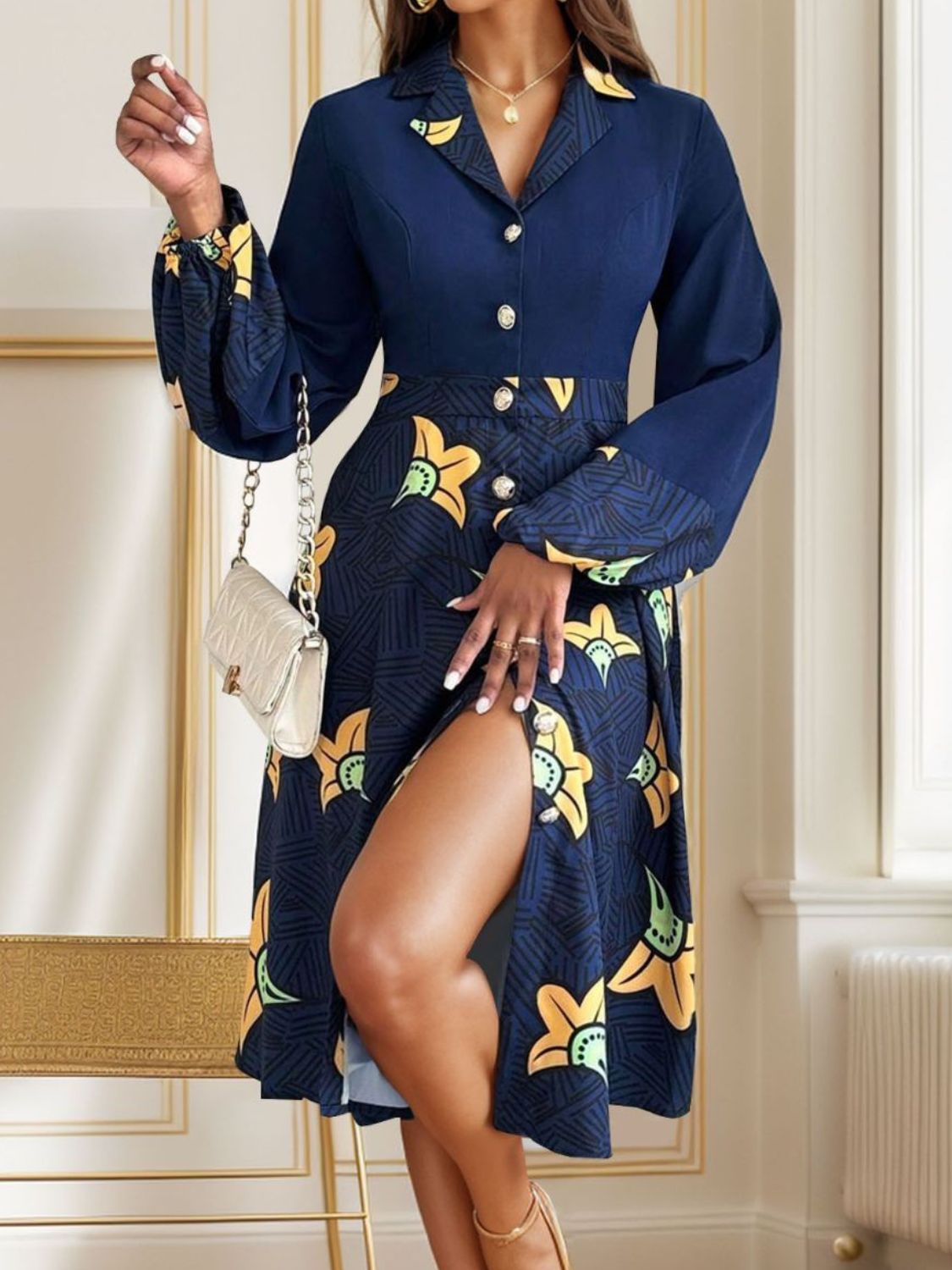 Printed Collared Neck Long Sleeve Dress-TOPS / DRESSES-[Adult]-[Female]-2022 Online Blue Zone Planet