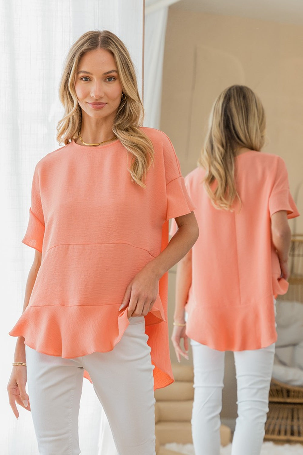 Sew In Love Round Neck Ruffled Top-TOPS / DRESSES-[Adult]-[Female]-Coral-S-2022 Online Blue Zone Planet