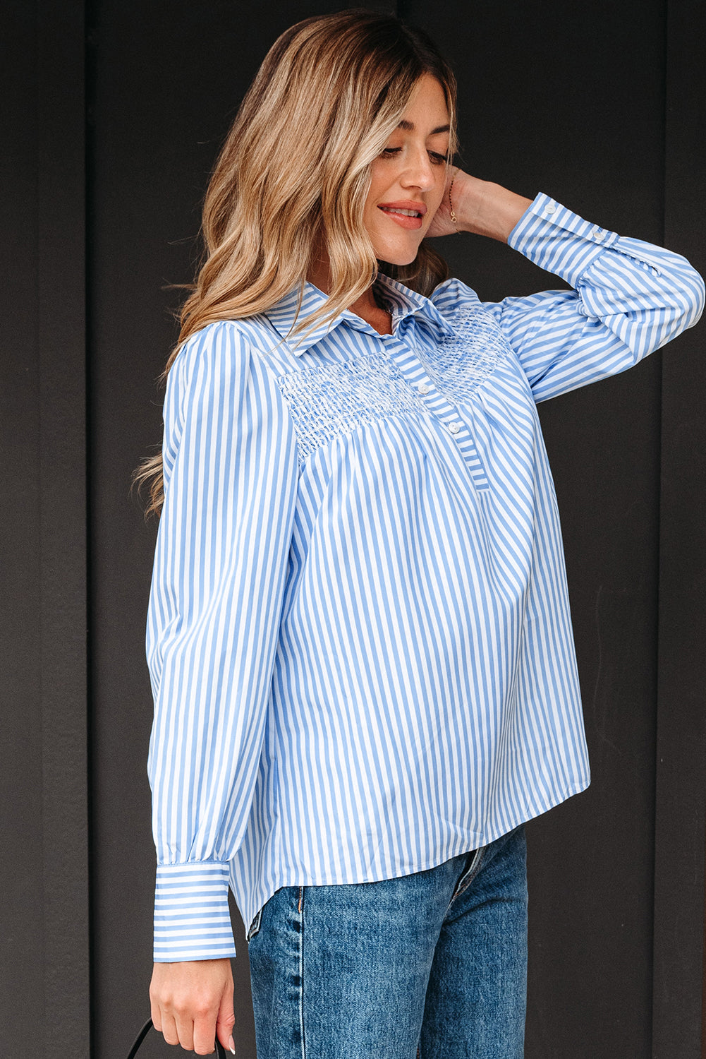 Sky Blue Stripe Shirred Detail Half Placket Collared Long Sleeve Fall Shirt-Tops/Blouses & Shirts-[Adult]-[Female]-2022 Online Blue Zone Planet