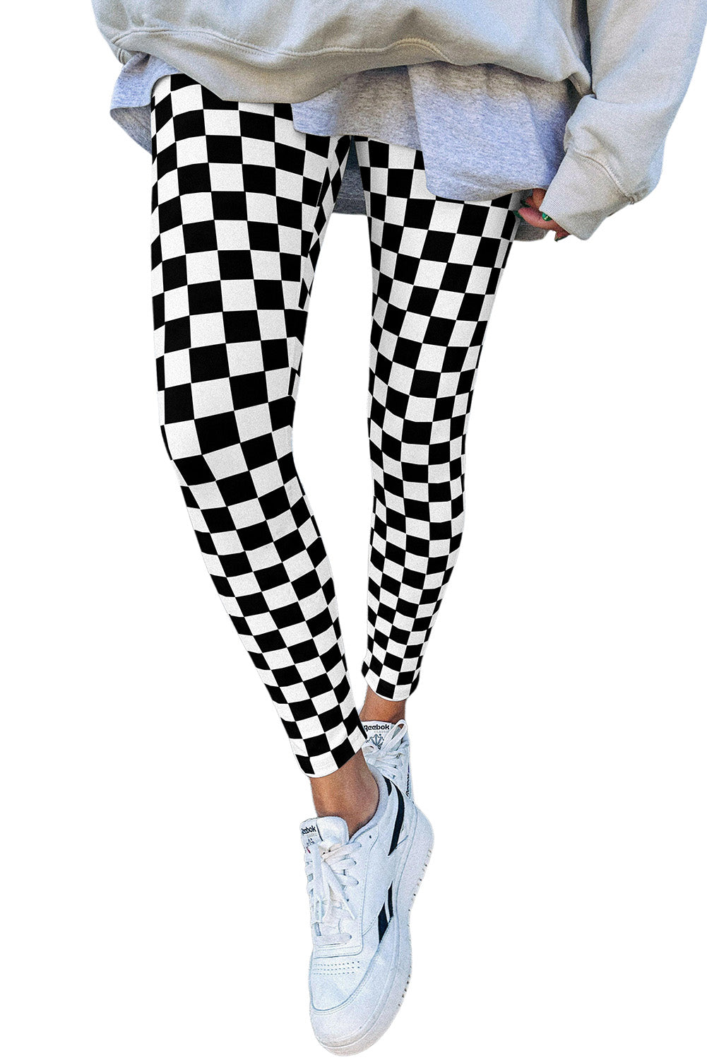 Khaki Checkered Pattern High Waist Skinny Leggings-Leggings-[Adult]-[Female]-2022 Online Blue Zone Planet