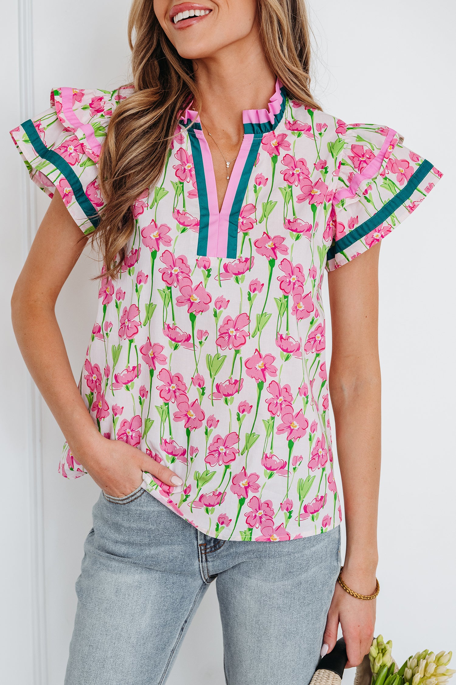 Pink Floral Print Contrast Trim V Neck Double Ruffled Short Sleeve Blouse-Tops/Blouses & Shirts-[Adult]-[Female]-2022 Online Blue Zone Planet