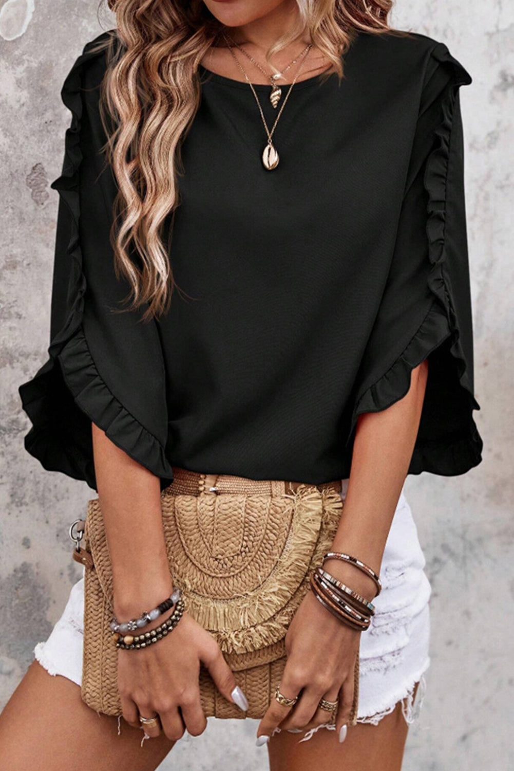 Black Ruffle Trimmed 3/4 Sleeve Round Neck Blouse-Tops/Blouses & Shirts-[Adult]-[Female]-2022 Online Blue Zone Planet