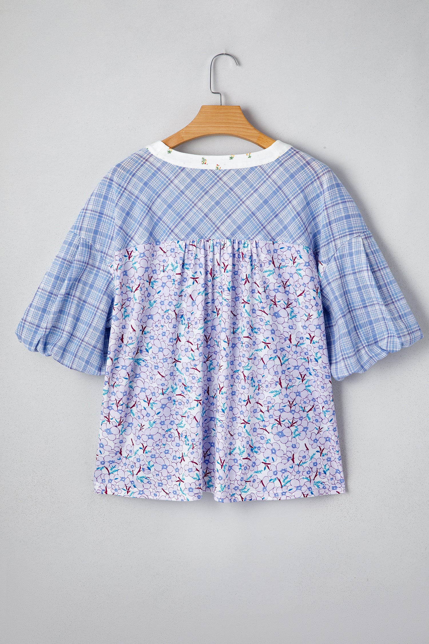 Beau Blue Color Block Plaid Bubble Sleeve Patchwork Blouse-Tops/Blouses & Shirts-[Adult]-[Female]-2022 Online Blue Zone Planet