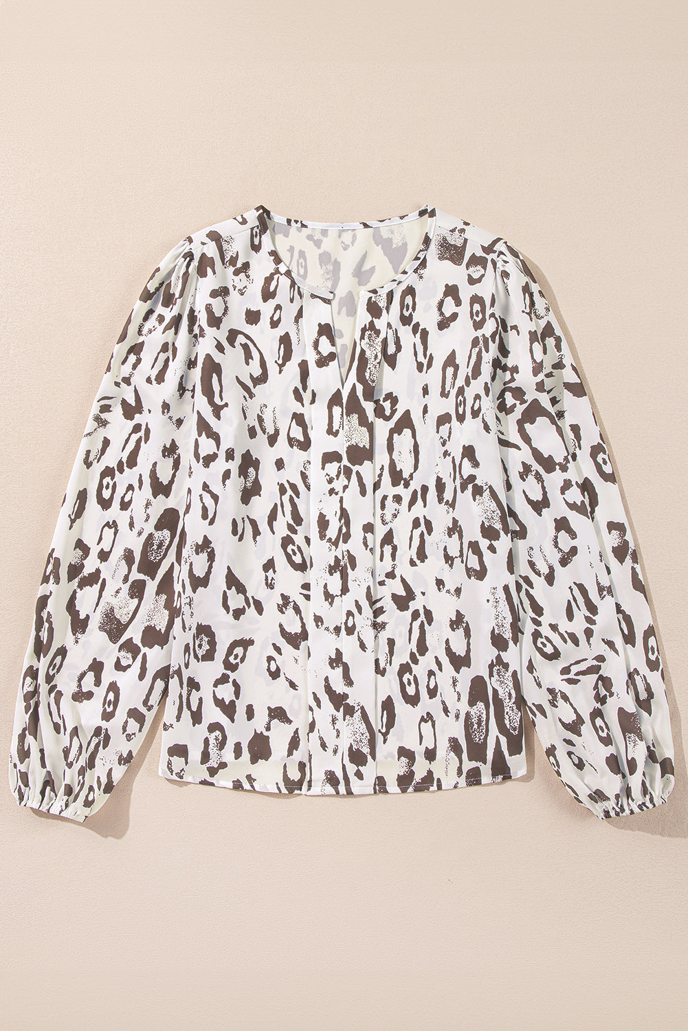 Blue Zone Planet | Khaki Leopard Print Split Neck Balloon Sleeve Blouse-Tops/Blouses & Shirts-[Adult]-[Female]-2022 Online Blue Zone Planet