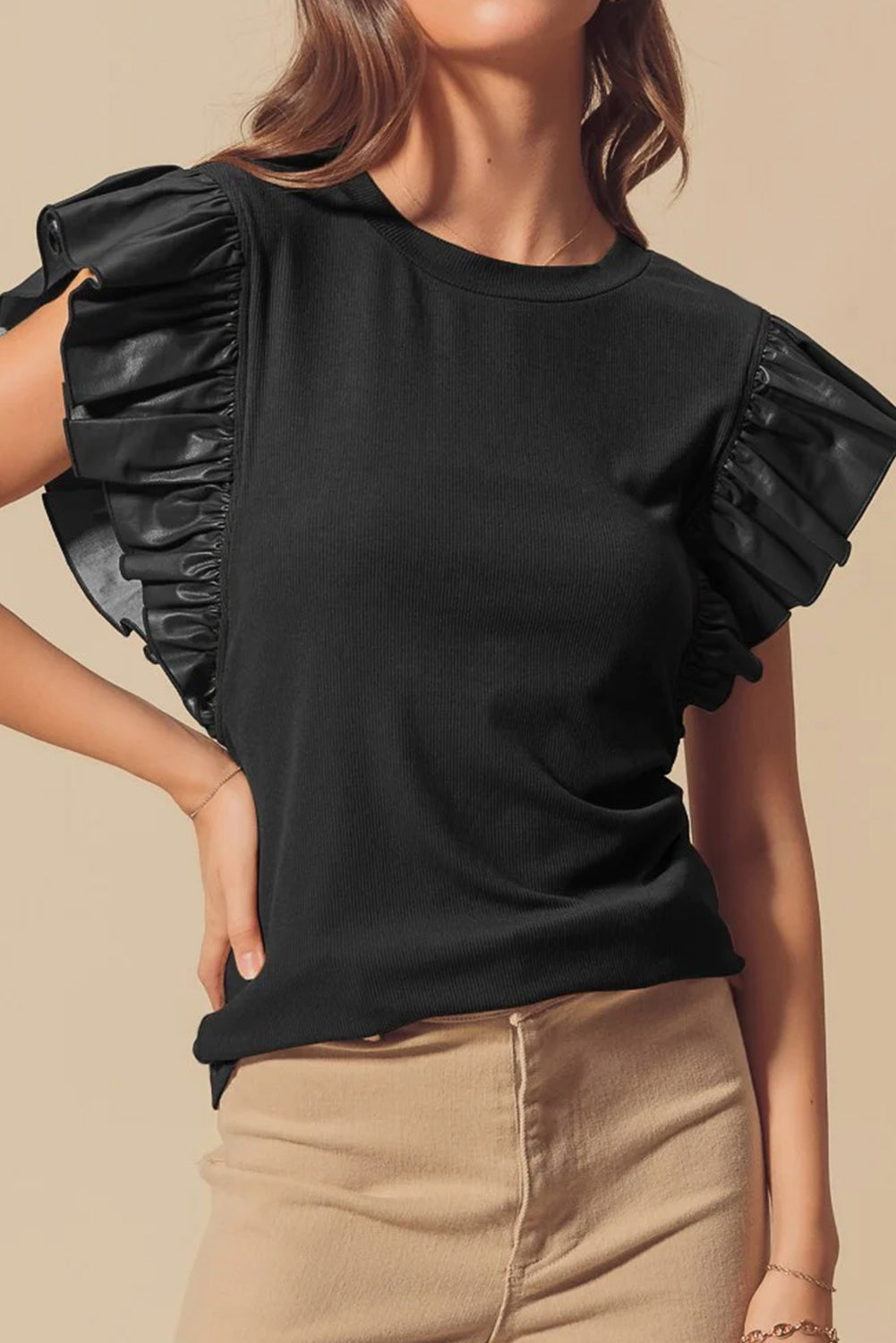 Black Leather Ruffle Sleeve Patchwork Round Neck Blouse-Tops/Blouses & Shirts-[Adult]-[Female]-Black-S-2022 Online Blue Zone Planet