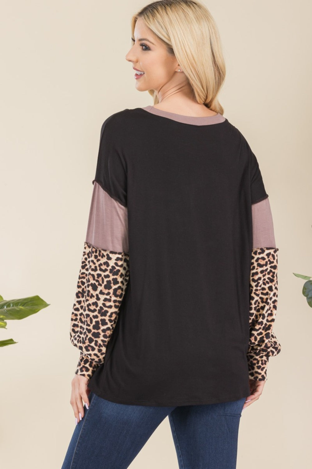 Blue Zone Planet | Celeste Full Size Leopard Color Block Exposed Seam T-Shirt-TOPS / DRESSES-[Adult]-[Female]-2022 Online Blue Zone Planet