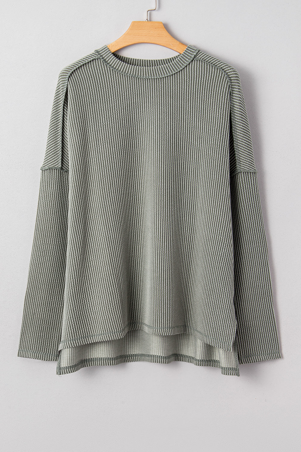 Green Bay Twist Ribbed Exposed Seam Detail Long Sleeve Loose Top-Tops/Long Sleeve Tops-[Adult]-[Female]-2022 Online Blue Zone Planet
