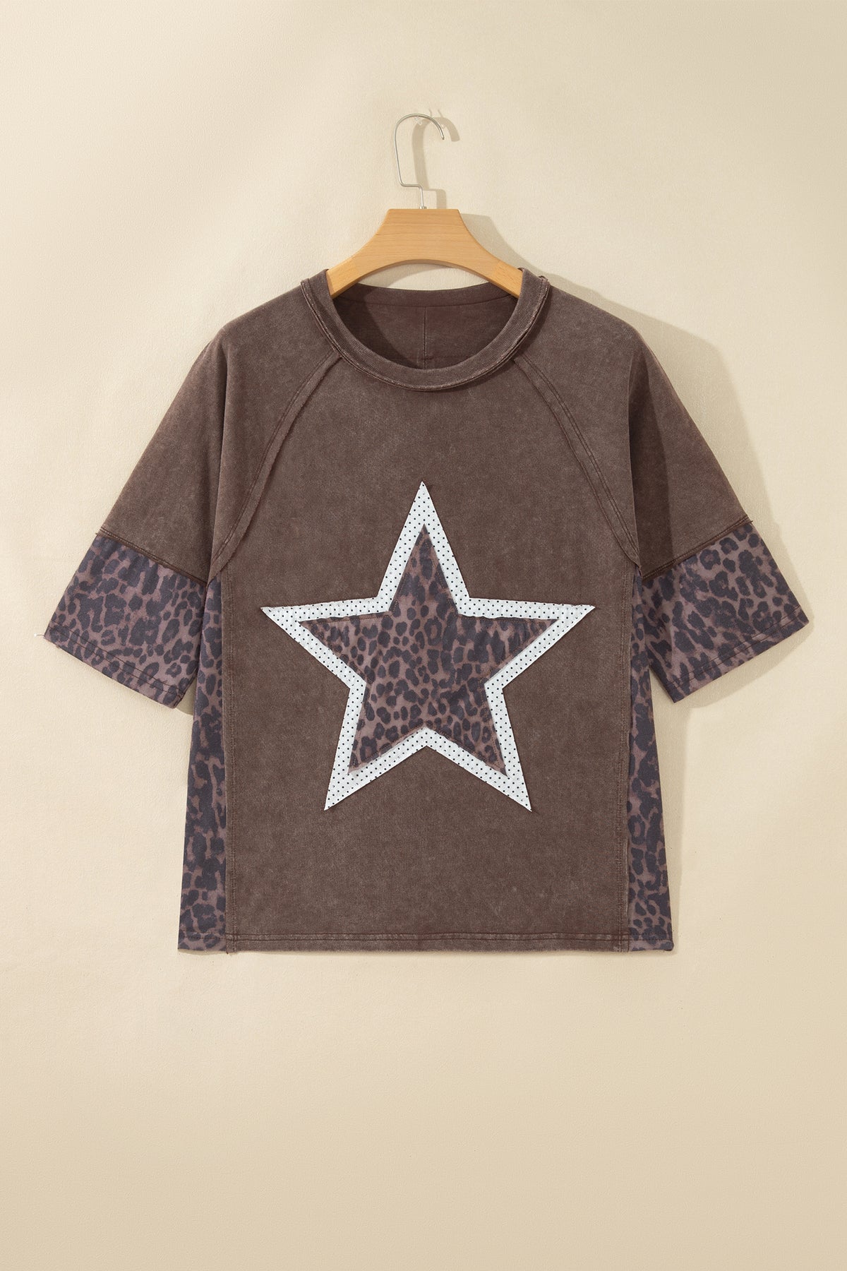 Coffee Mineral Wash Exposed Seam Leopard Star Patched T Shirt-Tops/Tops & Tees-[Adult]-[Female]-2022 Online Blue Zone Planet