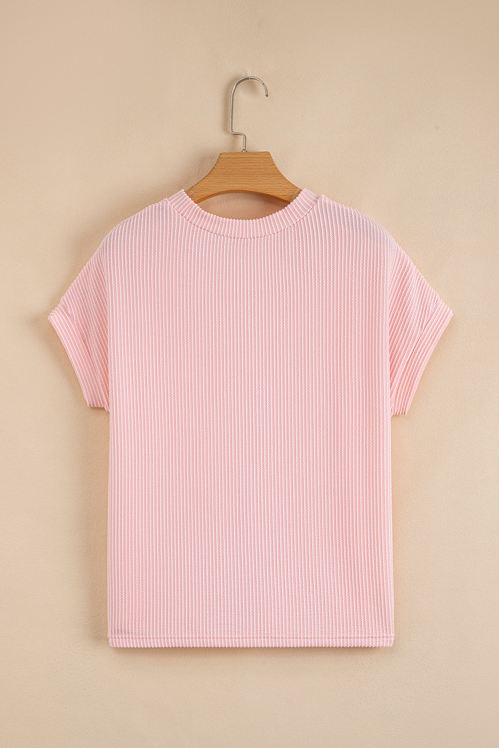 Pink Corded Knit Color Block Pocketed Crew Neck T Shirt-Tops/Tops & Tees-[Adult]-[Female]-2022 Online Blue Zone Planet