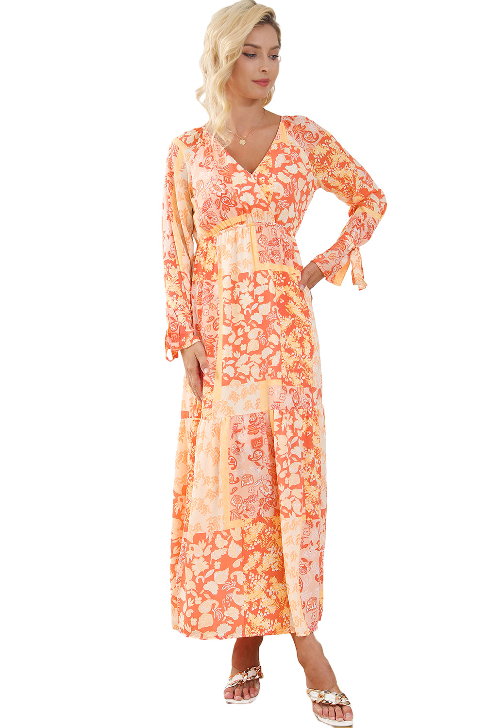 Blue Zone Planet | Orange Boho Floral Wrap V Neck Tie Long Sleeve Dress-TOPS / DRESSES-[Adult]-[Female]-2022 Online Blue Zone Planet