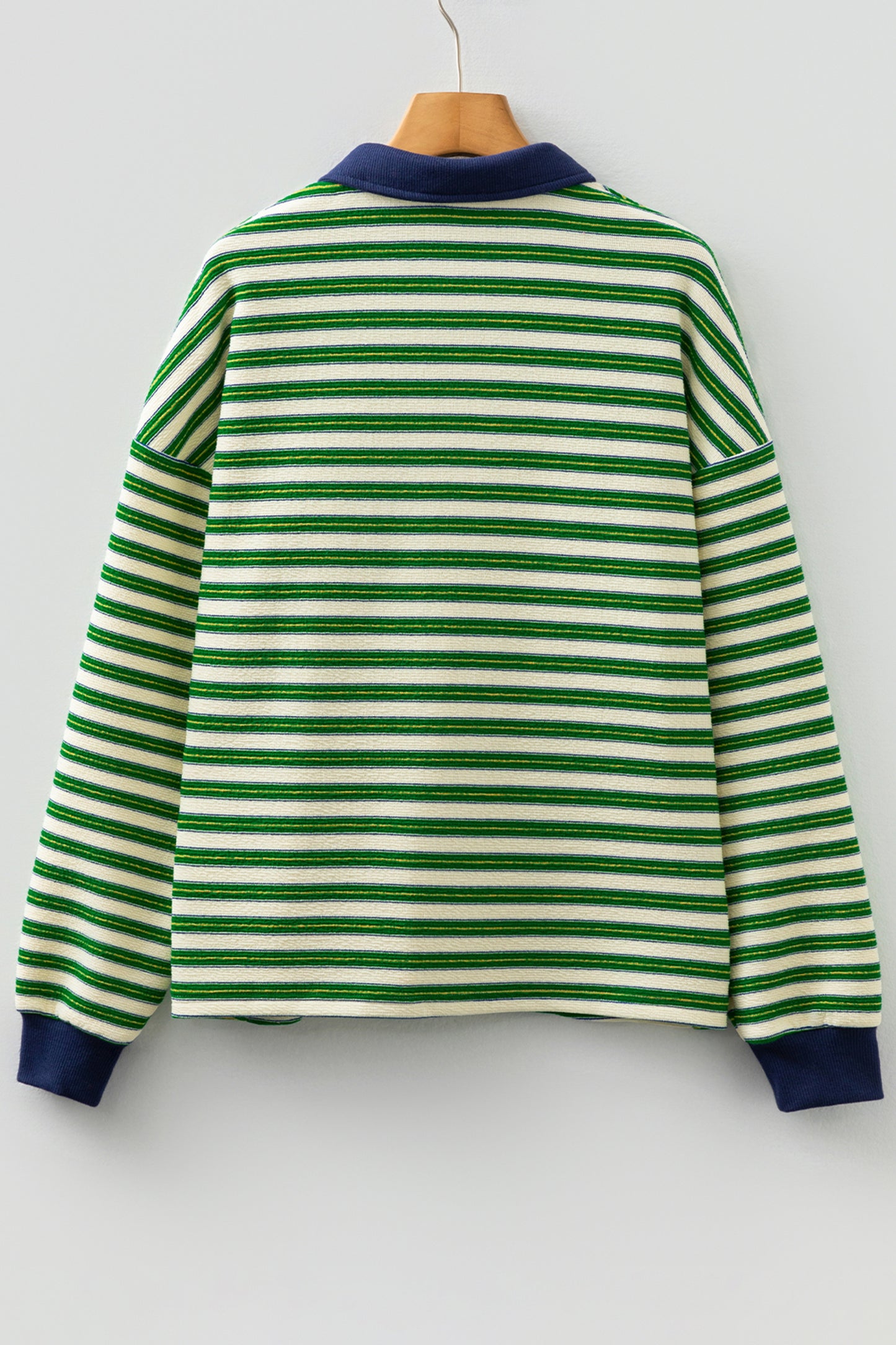 Dark Green Striped Print Contrast Collar Zip V Neck Long Sleeve Top-Tops/Long Sleeve Tops-[Adult]-[Female]-2022 Online Blue Zone Planet